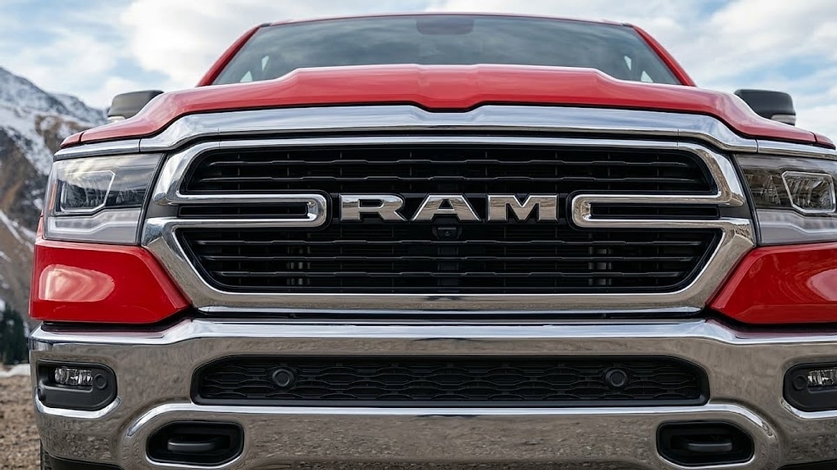Detailed close-up of the 2026 Ram Big Horn's active grille shutter system, showing its intricate mechanism and movable slats