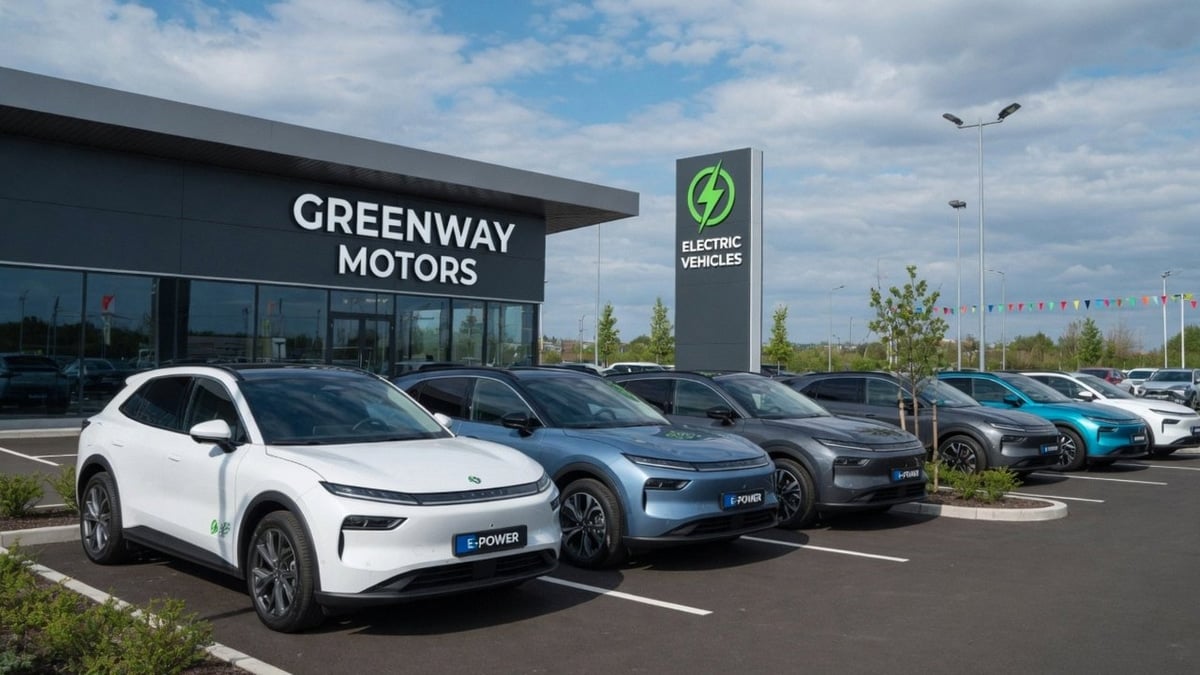 Different electric vehicles parked at an EV dealership's parking lot waiting for the car buyers.