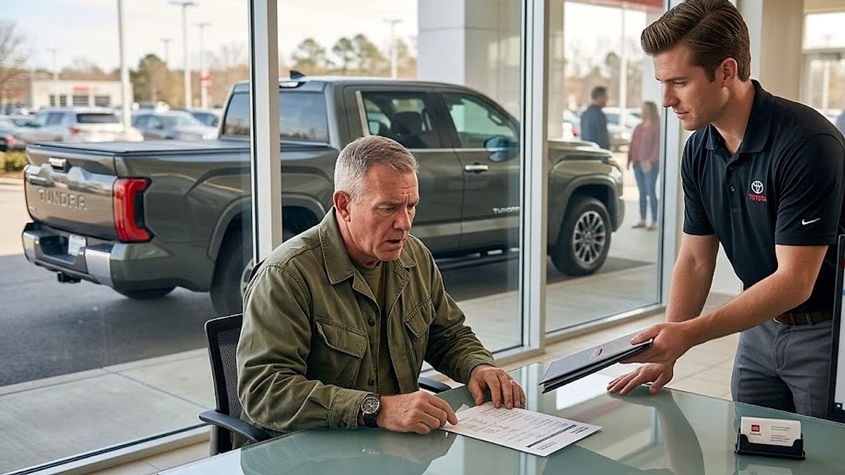 Disabled Marine veteran Tundra owner, Shawn Wilson, reacts in shock to a low-ball dealership trade-in offer, while his recalled truck is stranded