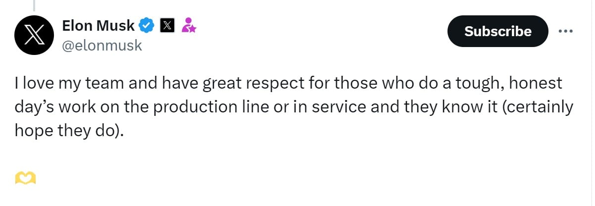 Elon Musk loves his team at Tesla