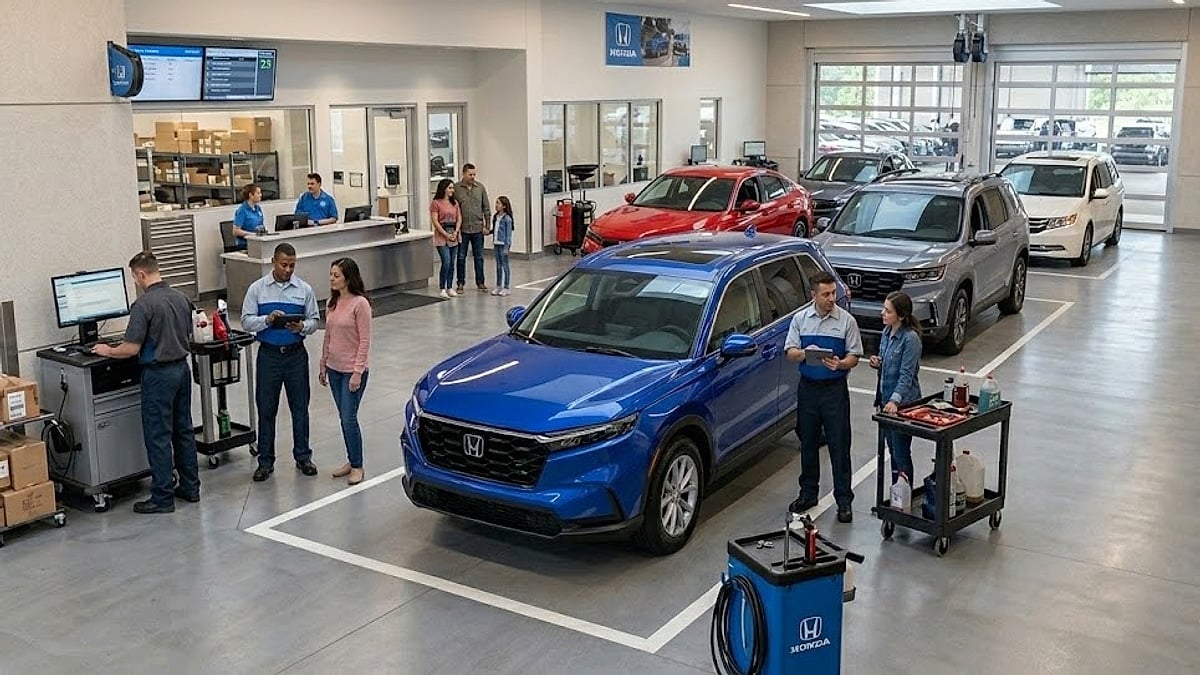 Employees and customers interact around a blue Honda CR-V in a modern, well-equipped service bay with diagnostic tools and parts
