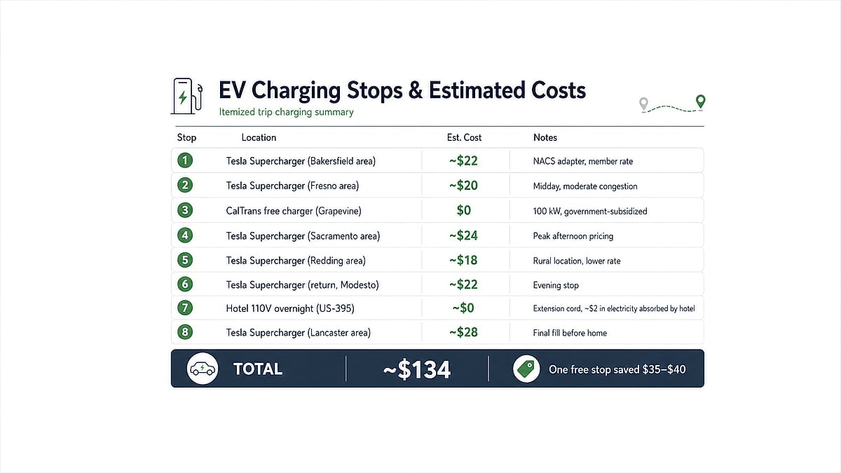 Infographic showing EV road-trip charging stops, estimated costs, notes, and a total cost of about $134.