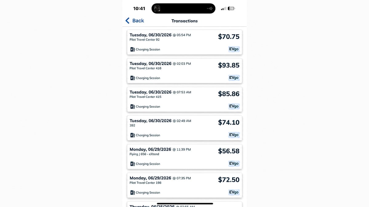 EVgo transactions screen showing multiple charging sessions at Pilot Travel Centers with prices listed.