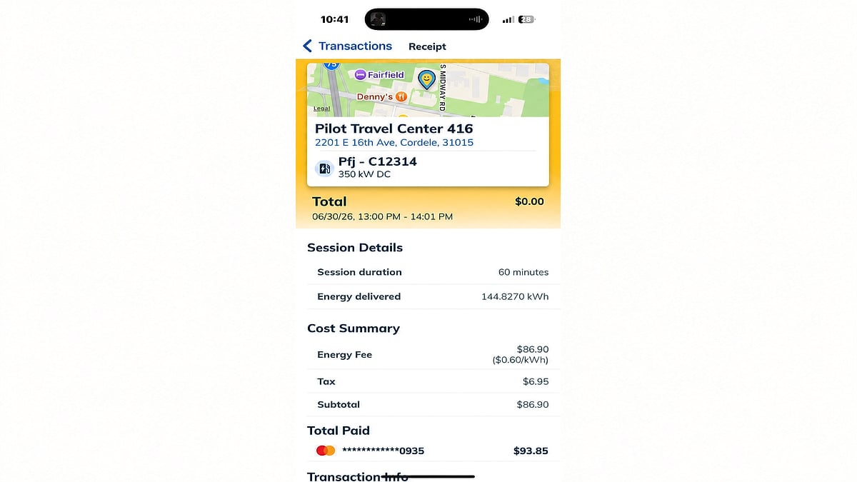 EVgo charging receipt for Pilot Travel Center 416 showing 144.827 kWh delivered and $93.85 total paid.