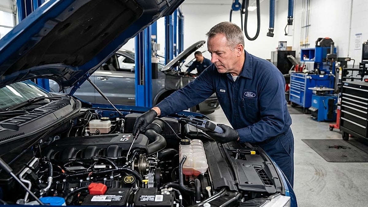 Experienced Ford mechanic utilizes specialized diagnostic tool to identify F-150 Valvetrain _Rattle_ within busy dealership service bay