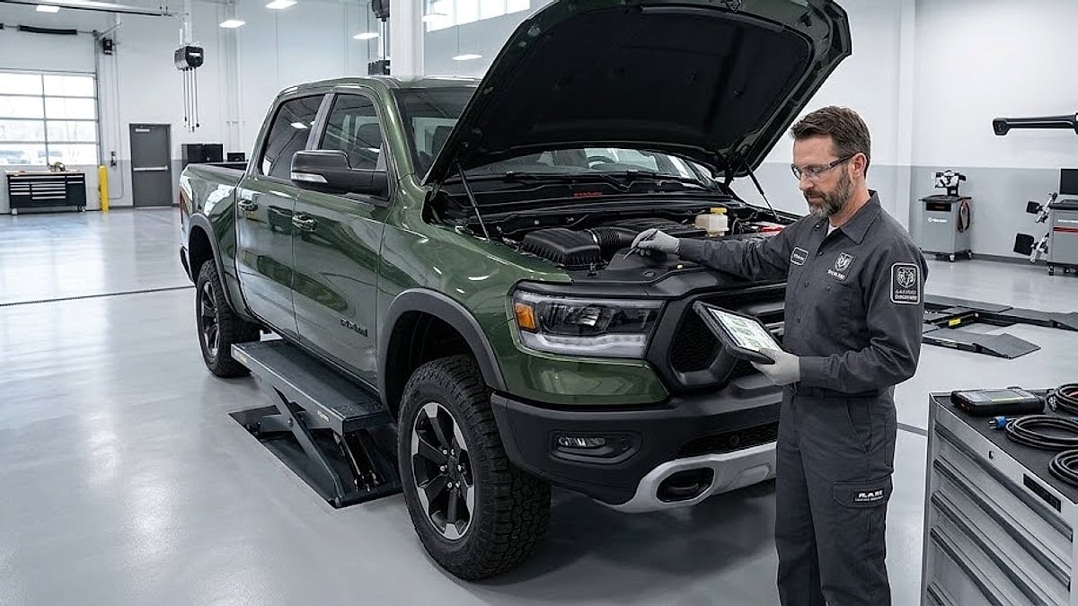 Factory engineer runs advanced diagnostics on a 2026 Ram Rebel truck inside a clean dealership automotive service bay