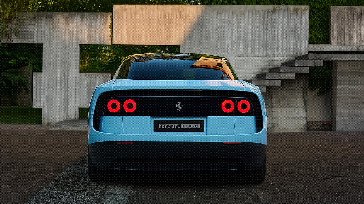 Blue Ferrari Luce shown from the rear with round taillights outside a modern architectural home.