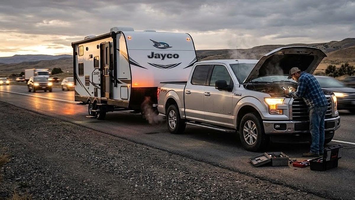 Ford F-150 EcoBoost truck stranded on a highway shoulder while towing a Jayco camper due to a sudden engine limp mode failure