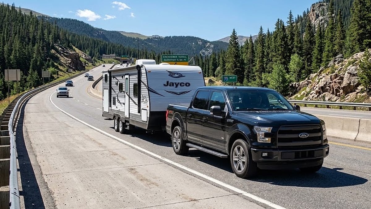 Ford F-150 towing a large Jayco travel trailer westbound on I-70 approaching the Eisenhower Tunnel, Colorado Rockies
