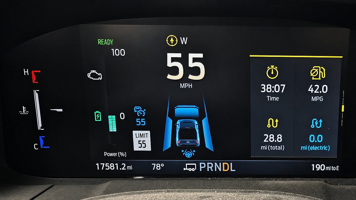 Ford Maverick Hybrid instrument display showing 55 mph, 42 mpg and a trailer connected behind the truck.