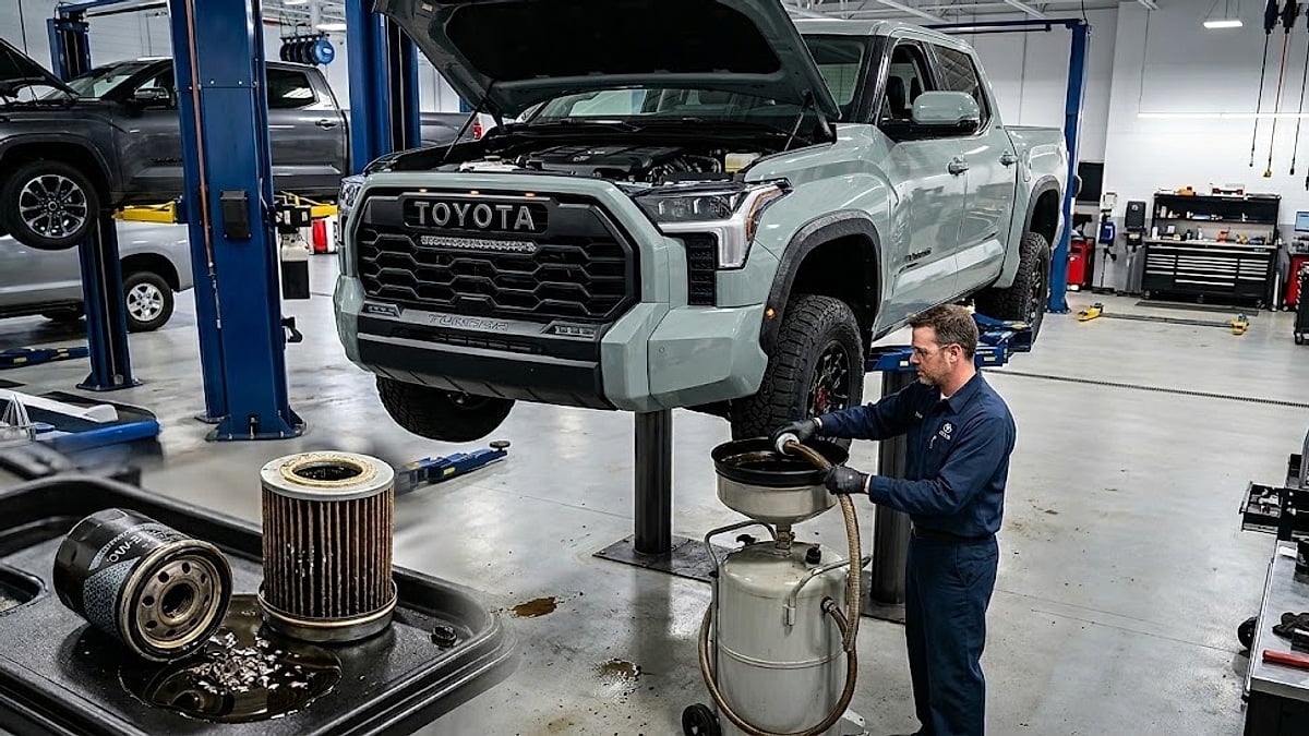 Forensic oil filter analysis - a close-up showing metallic particles and debris trapped within the filter's pleats from a 2026 Toyota Tundra engine