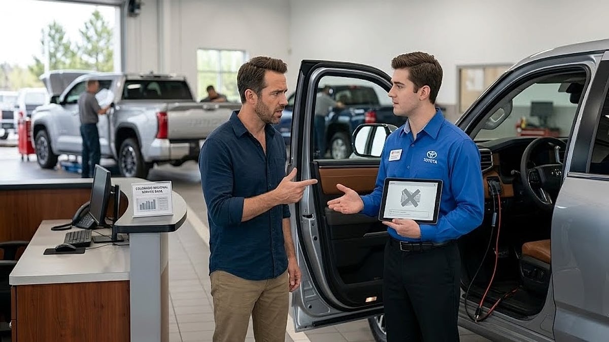 Frustrated Toyota Tundra owner challenges a dealership service advisor over ignored transmission control software updates in the service bay-optimized