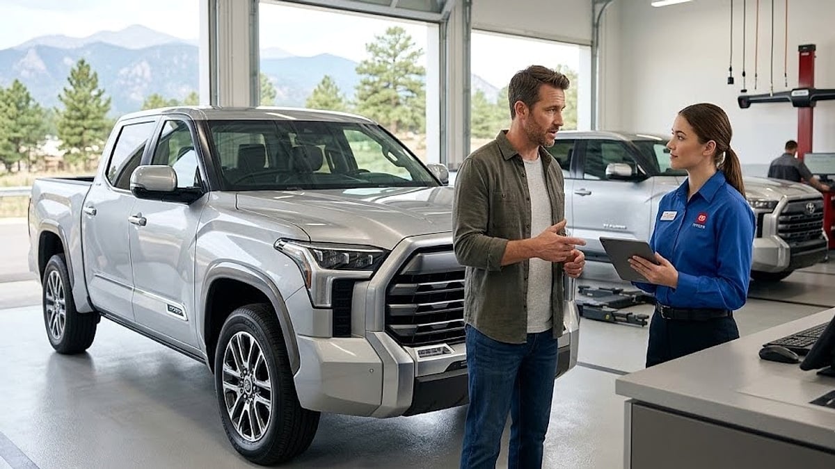 Frustrated Toyota Tundra owner challenges a dealership service advisor over ignored transmission control software updates in the service bay