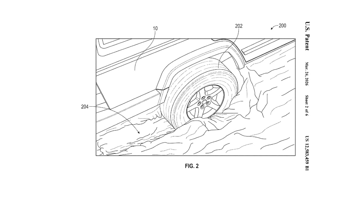 Patent drawing of a vehicle wheel stuck in terrain, illustrating wheel slip and torque-based recovery.