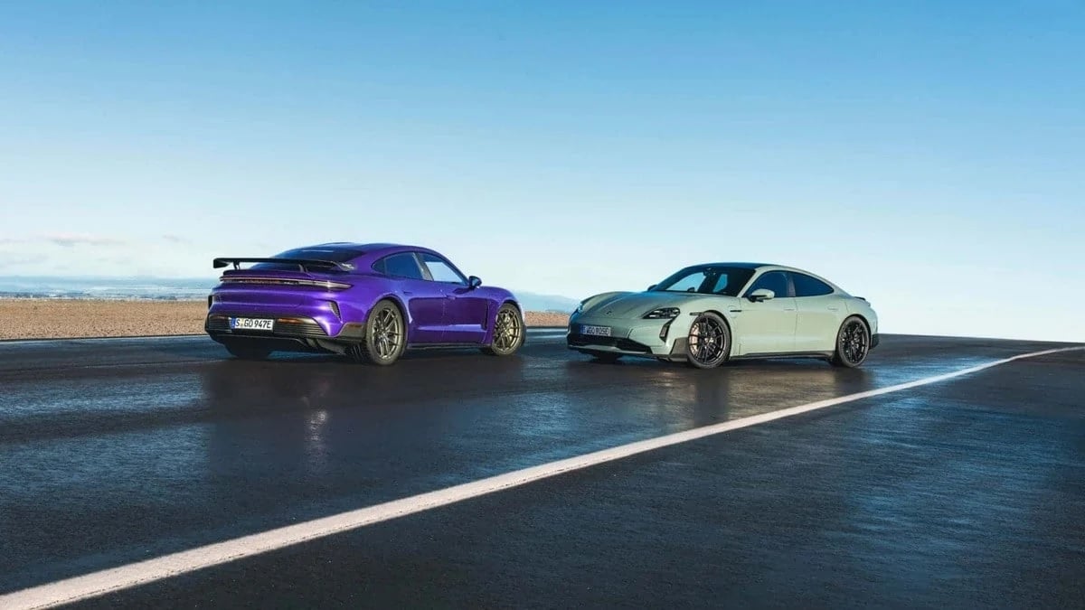 Green and purple Porsche Taycans