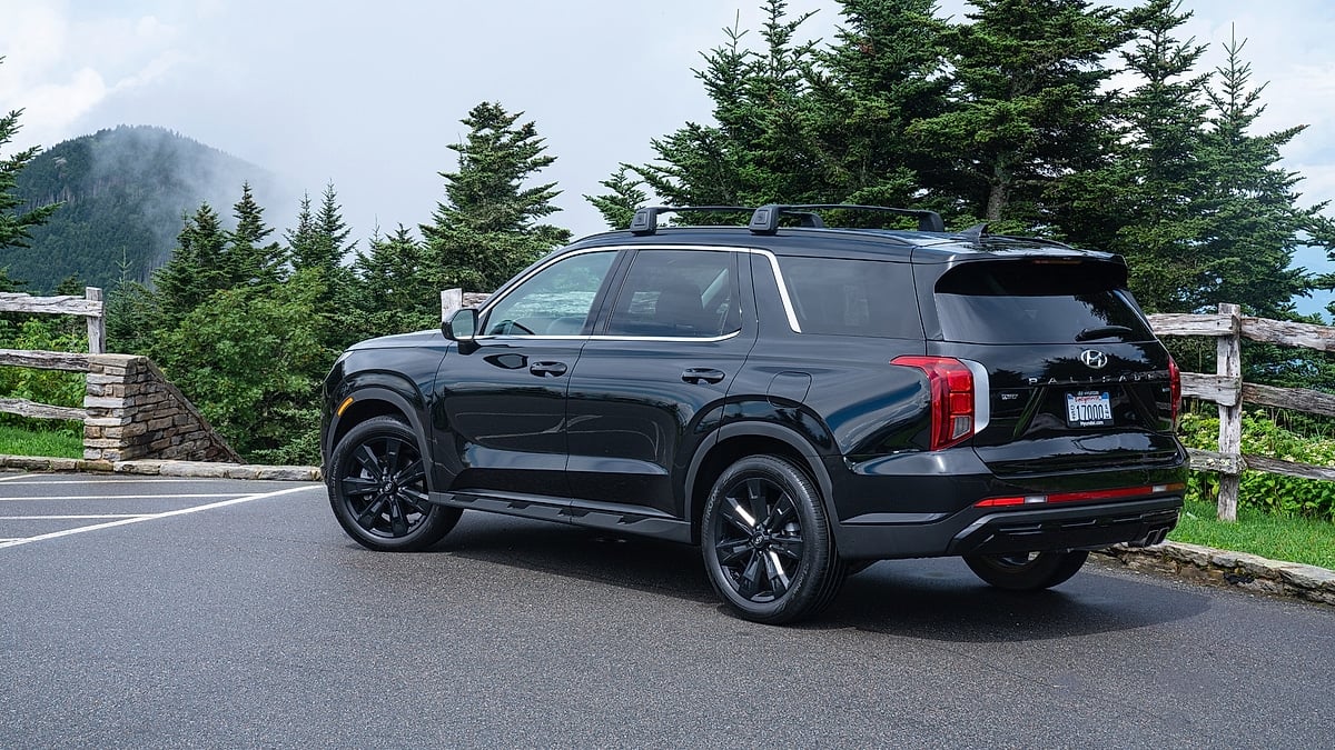Black Hyundai Palisade XRT parked at a mountain overlook in a rear three-quarter view.