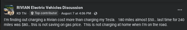 Screenshot of a Facebook post discussing the high costs of charging a Rivian compared to a Tesla, expressing concerns about electric vehicle expenses.