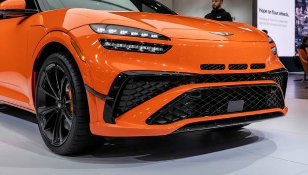 The front end of a orange sports car</p>
<p>AI-generated content may be incorrect.