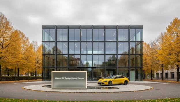 A sleek, architectural exterior shot of a modern glass-and-steel building in Munich, Germany. The sign out front reads "Xiaomi EV Design Center Europe" in clean, minimalist typography. It is a cloudy autumn day, with yellow leaves on the trees, contrasting with the futuristic building. This car, a Xiaomi SU7 is parked prominently in the driveway.