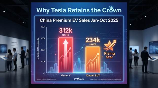 A visually striking graphic chart titled &quot;China Premium EV Sales Jan-Oct 2025&quot; prominently features a tall red bar representing Model Y with an impressive figure of 312k units sold. Next to it, an uplifting orange bar symbolizes the growth of Xiaomi SU7, displaying 234k units, illustrating the competition's rise. Accompanying the Xiaomi bar is a distinctive &quot;Rising Star&quot; icon, enhancing the chart's narrative of emerging contenders. The entire layout is positioned centrally beneath the bold header &quot;Why Tesla Retains the Crown,&quot; with a clean, modern design aesthetic, ensuring clarity and engagement for the viewer.