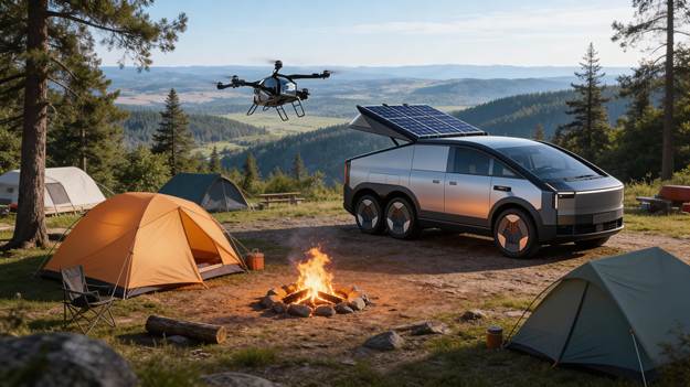 Place these two related full-sized vehicles at a recreational campsite, with the truck parked and the flying vehicle out exploring the wilderness.