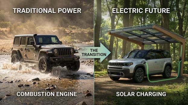 A visually striking split-screen comparison graphic. On the left, a rugged, muddy Jeep Wrangler Rubicon, powered by a combustion engine, energetically splashes through a river, sending droplets of water shimmering in the sunlight, showcasing its adventurous spirit. In contrast, on the right, a pristine, silent Jeep Recon is elegantly parked at a modern solar-powered charging station nestled within a serene forest, surrounded by towering trees and dappled sunlight filtering through the leaves. This compelling juxtaposition powerfully illustrates the transition between automotive tradition and the promise of an electric future.