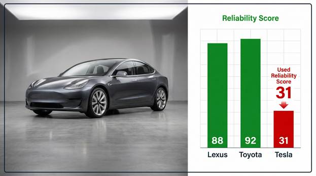 A split-screen graphic features a sleek, modern Tesla Model 3 showcased on the left, gleaming in a refined automotive grey studio setting with soft, diffused lighting that highlights its progressive design. On the right, a prominent bar graph contrasts sharply, displaying high green bars for "Lexus" and "Toyota," symbolizing their reliability, while a strikingly low red bar labeled "Used Reliability Score: 31" emphasizes Tesla's position, creating a dramatic visual impact. The entire scene is framed with minimalist elegance, enhancing the focus on the juxtaposition of cutting-edge automotive innovation against traditional automaker reliability.