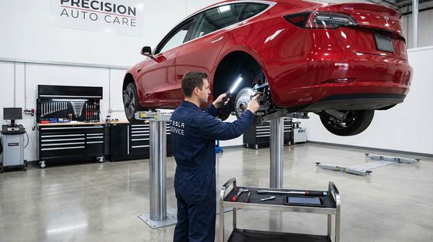 In a bright and immaculate automotive workshop, a skilled mechanic, clad in a navy blue uniform, intently inspects the underside of a striking red Tesla Model 3 elevated on a hydraulic lift. Using a bright flashlight, he meticulously points at the intricate suspension system, illustrating the technical nuances of modern engineering. The ambient light reflects off polished surfaces, creating a professional atmosphere that underscores the meticulous nature of automotive maintenance. Detailed tools and equipment are neatly arranged in the background, adding to the realism and inviting the viewer to appreciate the complexities of owning a used vehicle.