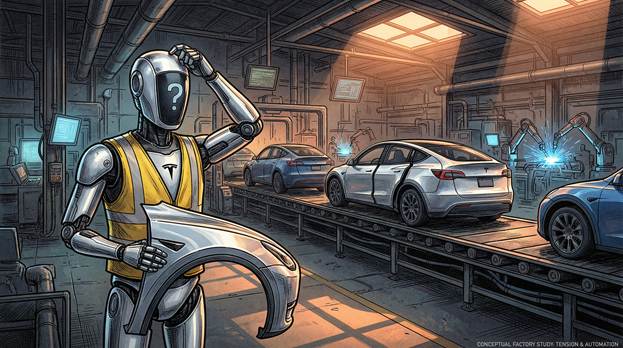 A conceptual illustration depicting a bustling Tesla factory floor, rich with industrial detail. In the foreground, a Tesla Optimus robot, featuring sleek metallic proportions, stands perplexed while gripping a shiny car part, its expression hinting at confusion. In the background, a series of Tesla Model Ys elegantly glide along a conveyor belt, one vehicle prominently displaying a misaligned door, creating a sense of discord. Dramatic, moody lighting bathes the scene in deep shadows, contrasting with the metallic sheen of the cars, adding an atmospheric tension that enhances the overall composition.