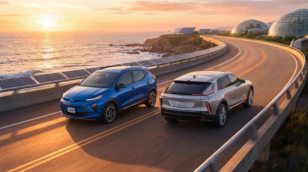 A breathtaking, futuristic scene unfolds as a 2026 Chevy Bolt and a sleek Cadillac Lyriq glide side-by-side along a picturesque coastal highway at sunset. The warm, golden light bathes the landscape, creating an atmosphere of optimism and tranquility, symbolizing a promising future. The ocean sparkles in the background, its waves gently lapping against the rocky shore. The sky is painted with hues of orange and pink, complementing the vibrant colors of the vehicles. Notably, the Bolt proudly displays a license plate reading "2026", reinforcing the vision of innovation and advancement.