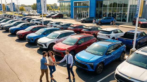 A stunning high-angle wide shot captures a bustling Chevrolet dealership lot, brimming with an array of electric vehicle models. Gleaming Equinox EVs, Blazer EVs, and Silverado EVs are arranged in tidy rows, their vibrant colors reflecting the midday sun. In the foreground, a joyous couple, beaming with excitement, shares a handshake with a friendly salesperson beside a striking blue Blazer EV. The scene is infused with a lively atmosphere, enhanced by brightly colored promotional banners fluttering in the gentle breeze, making the entire composition inviting and reflective of a contemporary automotive experience.