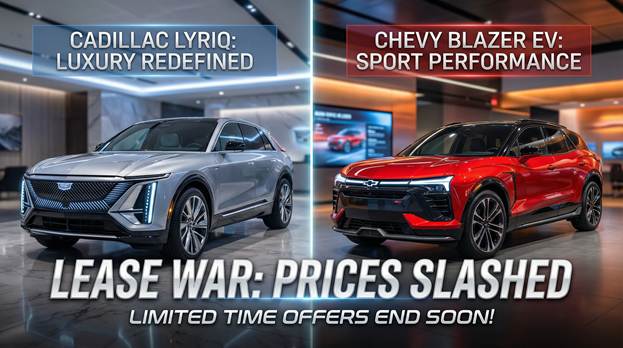 A visually striking split-screen graphic captures the essence of modern automotive design, featuring a gleaming silver 2025 Cadillac Lyriq on the left, exuding luxury and sophistication, contrasted by a vibrant red 2025 Chevy Blazer EV on the right, embodying sportiness and energy. Bold, contemporary overlay text proclaims "LEASE WAR: PRICES SLASHED" in a sleek font, drawing attention. The background showcases a blurred, state-of-the-art dealership showroom, enhancing the focus on the vehicles with elegant reflections and soft lighting that captures the sleek lines and colors of the cars, creating a dynamic, engaging atmosphere.