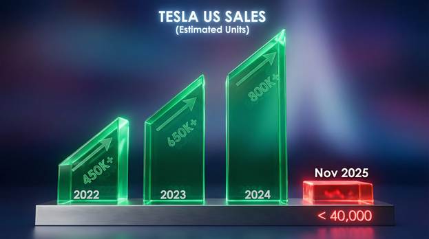 A visually striking 3D bar chart vividly displays Tesla US Sales, with prominent bars representing 2022, 2023, and 2024 steeply rising in vibrant green, signifying success. In stark contrast, the bar for 'Nov 2025' is dramatically shorter and rendered in a bold red, instantly capturing attention. A clear annotation below reads '&lt; 40,000', enhancing the chart's informative aspect. The sleek design is set against a subtle gradient background that emphasizes the bars, while soft, focused lighting highlights the details, creating a dynamic and engaging visual representation of Tesla's sales performance over the years.