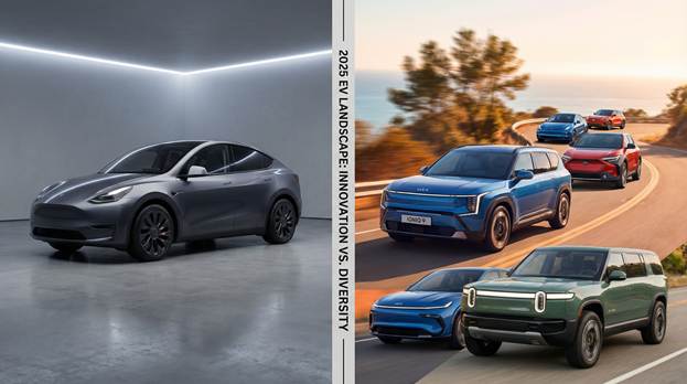 A captivating split-screen comparison image. On the left, a sleek 2025 Tesla Model Y stands confidently in a minimalist grey void, embodying modern innovation with its smooth curves and aerodynamic design, softly illuminated by dramatic light that accentuates its futuristic features. On the right, a vibrant collage showcases a dynamic range of 2025 competitor EVs, including the Hyundai Ioniq 9 and Rivian R2, each captured in lush colors on a lively road, vibrant with a blend of warm and cool tones. This contrast highlights the thrilling diversity within the electric vehicle landscape.