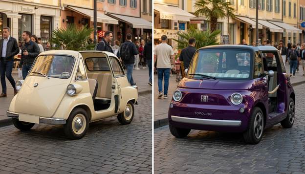 A visually striking split-screen comparison captures the charm of a vintage BMW Isetta bubble car on the left and this car in Purple on the right, both elegantly parked on a bustling city street. The scene is bathed in warm afternoon light, accentuating the Isetta's retro curves and vibrant color, while the Topolino showcases its futuristic design with smooth lines and a glossy finish. Lush greenery frames the setting, and hints of urban life, such as passing pedestrians and colorful storefronts, create an engaging atmosphere that celebrates the evolution of microcars.