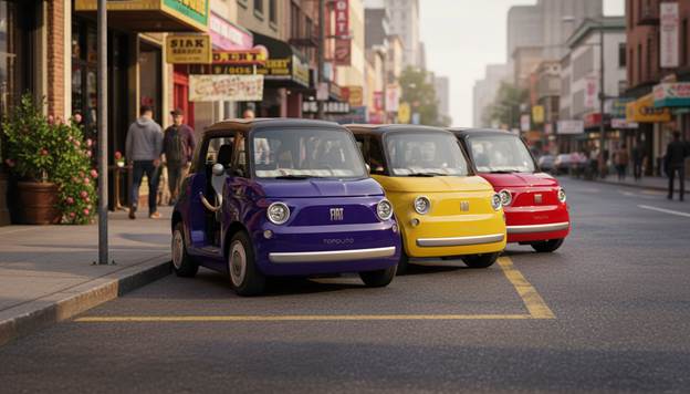 A wide-angle shot captures a single standard American street parking spot, ingeniously occupied by three charming versons of this car in Purple, Yellow, and Red parked perpendicularly. This arrangement illustrates extreme space efficiency amid the bustling urban environment of a crowded city. The scene is bathed in soft, warm sunlight, casting gentle shadows that add depth and dimension. Surrounding the parking spot, the background showcases a mix of vibrant storefronts and greenery, creating a lively contrast. The overall composition evokes a sense of nostalgia and whimsy, inviting viewers to appreciate the artistry in everyday city life.