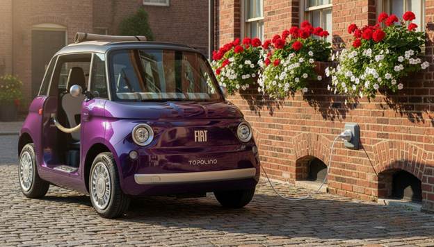 A captivating close-up lifestyle shot showcases a purple version if this car, its vibrant colors gleaming under soft golden sunlight. Parked gracefully next to an inviting brick townhouse, the charming vehicle is subtly plugged into a standard outdoor electrical outlet, using a regular household cord that maintains the scene's simplicity. The façade of the townhouse, adorned with delicate flower boxes, complements the vintage aesthetic of the car while casting soft shadows across the cobblestone path. The warm tones of the setting create a cozy, nostalgic atmosphere, inviting viewers to envision leisurely afternoons in this picturesque urban setting.