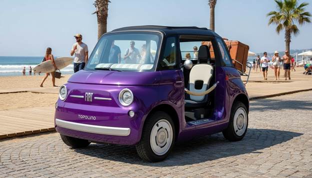 The charming Fiat Topolino 'Dolcevita' edition version of this car in purple is gracefully parked near a bustling, sun-kissed beach boardwalk, embodying the essence of summer leisure. Its distinctive rope doors and a whimsically rolled-back canvas roof invite a sense of nostalgia. A retro suitcase rests stylishly on the rear luggage rack, hinting at adventures and carefree weekends. The vibrant colors of the vehicle contrast beautifully with the bright blue sky and golden sandy beach, while warm sunlight casts soft shadows, creating a lively atmosphere. This scene encapsulates the spirit of a joyful vacation, radiating warmth, freedom, and timeless elegance.