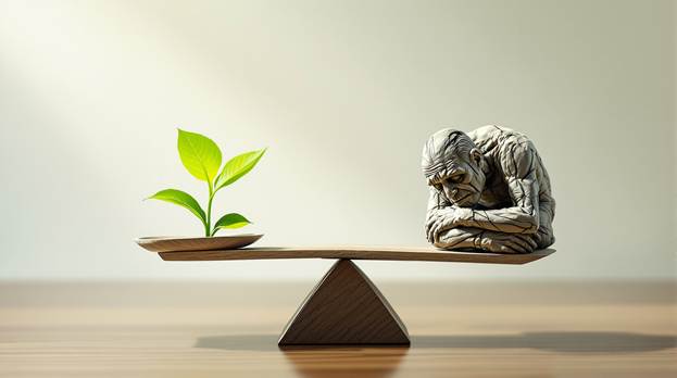 A statue of a person and a plant on a scale</p>
<p>AI-generated content may be incorrect.