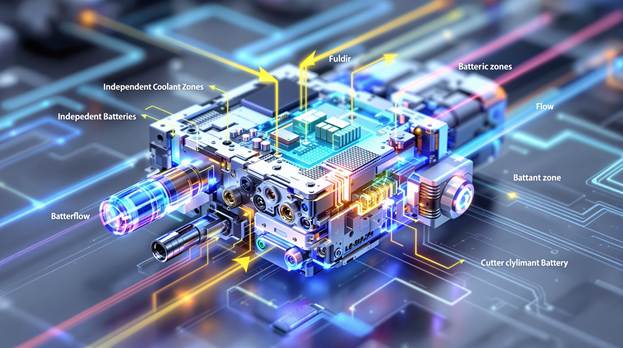 A highly detailed close-up, macro-style 3D engineering diagram shimmering with precision, showcasing the Dectravalve unit as a remarkable piece of aerospace hardware. This visualization features a compact, metallic structure adorned with intricate textures that reflect light, emphasizing its engineering prowess. Multiple fluid ports elegantly protrude alongside visible digital circuitry, pulsating with a futuristic glow. Brightly colored arrows artfully illustrate the independent coolant flow, directing attention to various battery zones across the design. The composition harmoniously blends sophistication and technicality, inviting viewers to admire the innovative complexities of this cutting-edge unit.