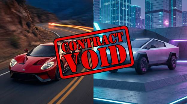 A striking split image featuring a powerful Ford GT on the left, showcasing its sleek curves and aggressive stance, contrasted by the futuristic Tesla Cybertruck on the right, with its distinctive angular design and robust presence. In the center, an eye-catching graphical "Contract Void" stamp overlays the two vehicles, emphasizing a dramatic narrative. The scene is set against a dynamic backdrop that highlights the cars' colors—bold reds and metallic silver—and is illuminated with vibrant lighting that enhances the mood. This composition captures the essence of innovation and rebellion in the automotive world.