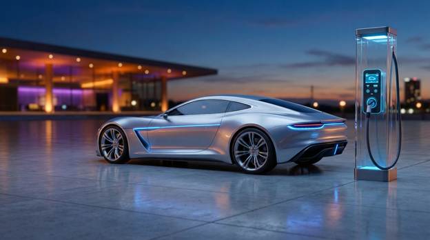 A striking rendered concept image showcasing a futuristic, grill-less Corvette silhouette, characterized by its sleek, aerodynamic lines that exude modernity and elegance. Soft, glowing blue lighting accents illuminate the contours of the vehicle, enhancing its dynamic form. The car is parked beside a state-of-the-art high-speed charging station, featuring sleek, minimalistic design elements that complement the Corvette's innovative aesthetics. The background is a twilight scene, where the fading light casts a warm glow over the setting, highlighting the vehicle's reflection on the smooth surface. This composition exudes a sense of progress and cutting-edge