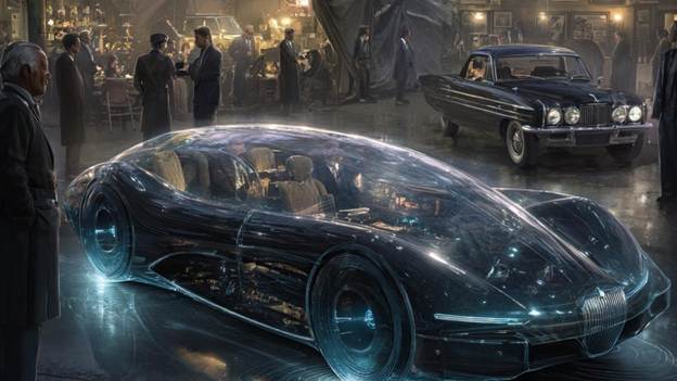 A futuristic car with people around it</p>
<p>AI-generated content may be incorrect.