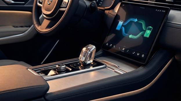 Capture a stunning close-up interior shot of the 2026 XC60, highlighting the exquisite Orrefors crystal gear shifter, which glistens artfully with its intricate design. The focus shifts seamlessly to the sleek new 11.2-inch infotainment screen, vibrant and clear, vividly displaying the energy flow monitor in an elegant interface. The surrounding cabin is adorned with luxurious materials, softly illuminated by ambient lighting that casts gentle reflections on the crystal. This composition celebrates modern sophistication and cutting-edge technology, inviting viewers to appreciate both the aesthetics and functionality within this premium vehicle.