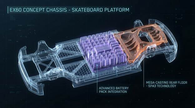 A detailed technical wireframe ghost view of the EX60, showcasing its innovative skateboard chassis designed for optimal performance. The image highlights the intricately structured battery pack seamlessly integrated into the chassis, underlining advanced technological features. Additionally, the mega-casting rear floor is prominently displayed, accentuating the importance of the SPA3 platform technology. The composition is set against a clean, minimalistic background, enhancing the focus on these cutting-edge elements. Subtle lighting plays across the frame, creating a high-tech atmosphere that captivates the viewer's attention, providing a glimpse into the future of automotive engineering.