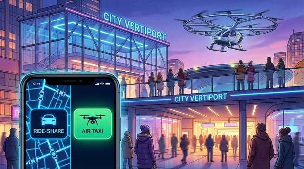A captivating digital illustration juxtaposes a traditional ride-share app interface displayed on a modern smartphone against the newly introduced 'Air Taxi' option. In the background, a futuristic 'Vertiport' station gleams with sleek architectural elements, offering a vibrant scene where excited passengers eagerly queue to board an innovative EHang vehicle. This setting echoes the bustling energy of a subway or bus station, accentuating the shift towards public transit solutions over private ownership. The vibrant colors and dynamic composition highlight the contrast between the established ride-share culture and the emerging air mobility future.