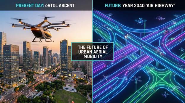 A dynamic split-screen infographic juxtaposes two compelling visions of aerial transportation. On the left, an eVTOL gracefully soars over a modern cityscape, showcasing sleek lines and vibrant city life beneath, illuminated by the warm glow of sunset. On the right, a visionary depiction of an 'Air Highway' in the year 2040 unfolds, filled with intricate layers of digital flight paths illuminated in neon hues. Numerous autonomous vehicles navigate through complex 3D intersections with precision, exuding a sense of advanced technology and safety. The contrasting environments invite viewers to ponder the evolution of urban aerial travel.