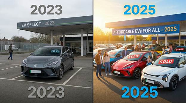 A split-screen comparison of a UK car dealership lot. On the left (labeled "2023"), a lonely EV sits with a high price tag. On the right (labeled "2025"), a bustling forecourt shows families actively looking at affordable EVs like the MG4 and Kia EV3, with "SOLD" stickers clearly visible on windshields. The lighting should be bright and optimistic on the right side.