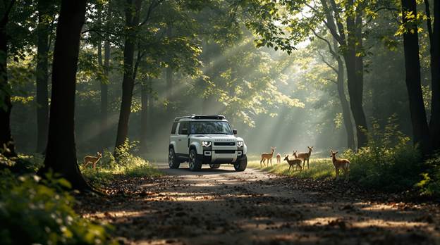 A car on a road with deer in the woods</p>
<p>AI-generated content may be incorrect.