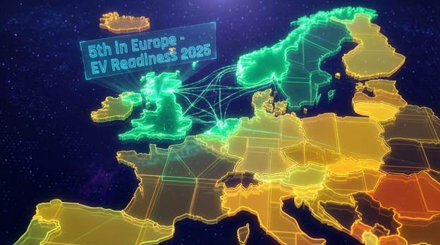 A stylized 3D map of Europe floating in a digital void. The UK is highlighted in a vibrant, glowing green, pulsing with energy lines connecting to Norway and the Netherlands (also green). Other countries are in varying shades of yellow or orange. A holographic text overlay above the UK reads "5th in Europe - EV Readiness 2025".